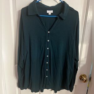 J. Jill Button Up Blouse Top Womens XL Teal Long Sleeve Pleated Back Tunic Style